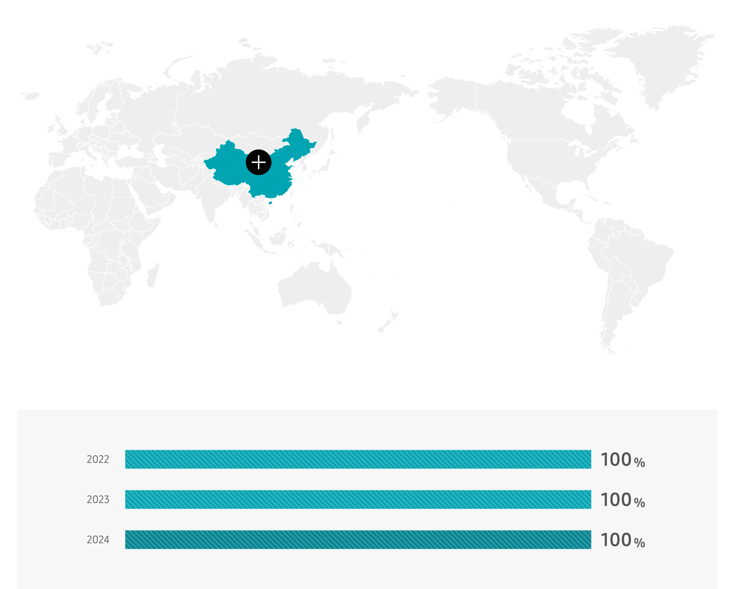 China 2022 100%, 2023 100%, 2024 100%